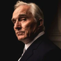 Older man with gray hair wearing a dark suit and tie, looking seriously at the camera, set against a dark background.