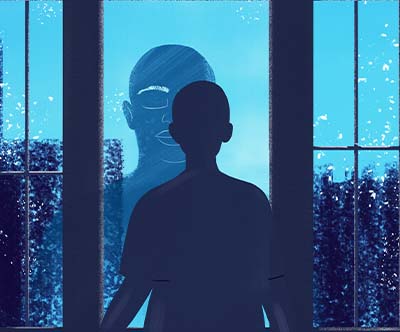 The silhouette of a young man in front of a window. A City scape is in the background and a reflection of an older man looks back at him.