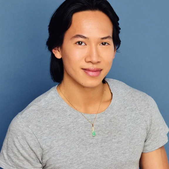 A person with long dark hair, wearing a light grey t-shirt and a gold necklace, poses against a plain blue background.