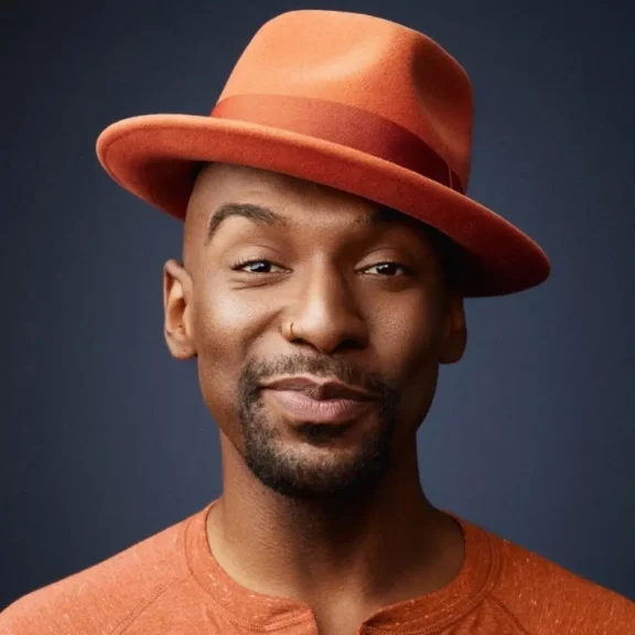 Man wearing an orange hat and orange shirt, smiling slightly, posed against a dark background.