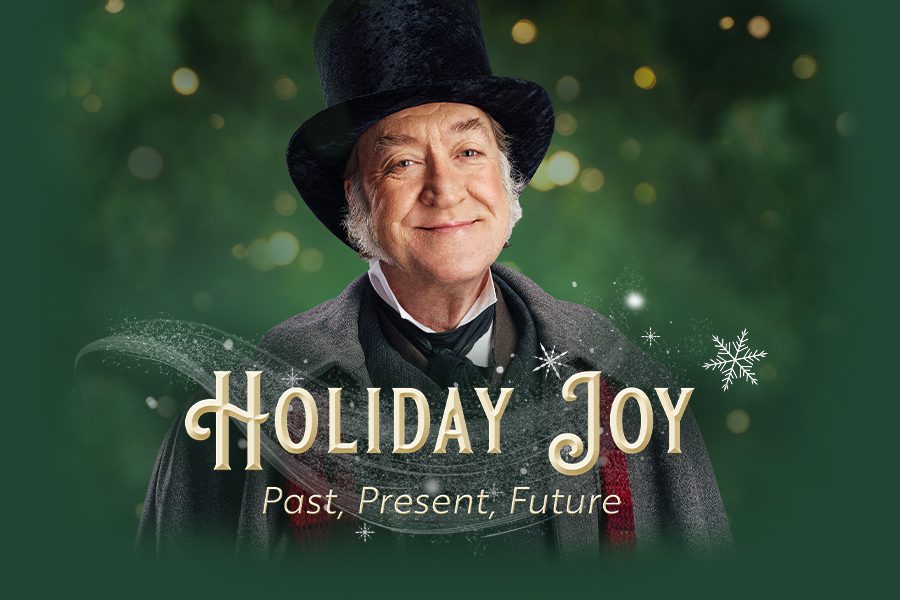 A smiling Scrooge with a caption that reads “holiday joy: past, present, future”