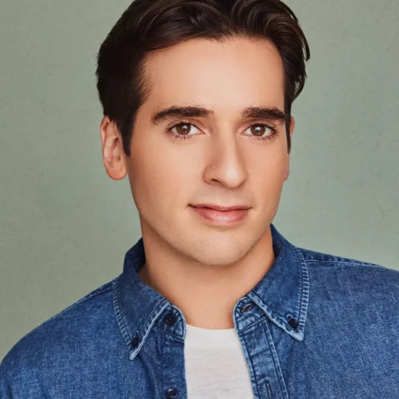A person with short dark hair wearing a denim button-up shirt over a white t-shirt poses in front of a plain light green background.