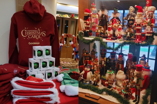 From left to right: Table set up of A Christmas Carol red hoodies, boxes of green ornaments, and santa hats. A window display of different themed nutcrackers.