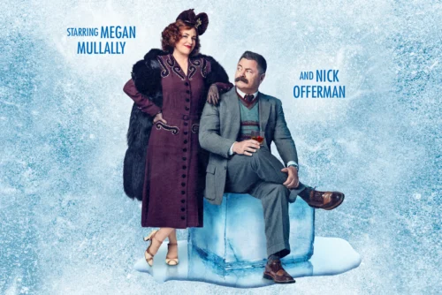 A woman in a maroon coat and fur hat stands next to a seated man in a suit holding a drink on a block of ice, with their names, Megan Mullally and Nick Offerman, written beside them.