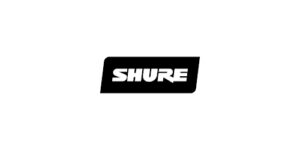 The Shure logo in bold, white capital letters on a black, slightly slanted rectangular background.