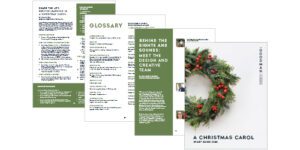 Four pages of a study guide titled "A Christmas Carol," featuring text, a glossary, team introductions, and a cover with a wreath image.