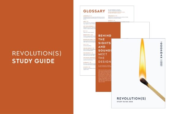 Three pages of a study guide are displayed, featuring a glossary, a section on design, and a cover with a lit match and the title "REVOLUTION(S) STUDY GUIDE.