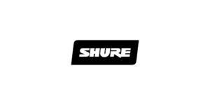 The Shure logo in bold, white capital letters on a black, rounded rectangular background.