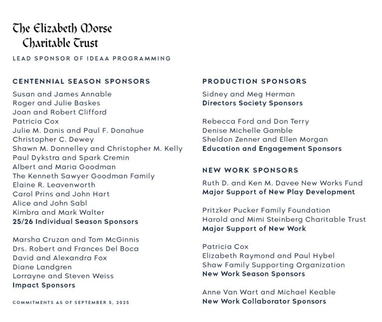 A list of sponsors and donors for The Elizabeth Morse Charitable Trust, organized by categories, with a commitment date of September 5, 2025.