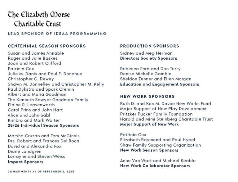 Sponsorship list for The Elizabeth Morse Charitable Trust, detailing Centennial Season Sponsors and New Work Sponsors, as of September 5, 2025.