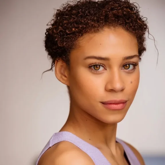 A person with short curly hair and light brown eyes looks at the camera, wearing a sleeveless lavender top against a neutral background.