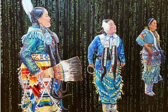 A painting featuring three people wearing colorful traditional Indigenous clothing.