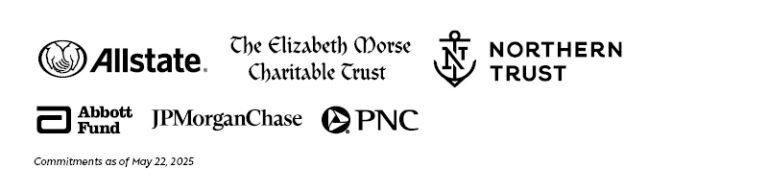 Logos of Allstate, The Elizabeth Morse Charitable Trust, Northern Trust, Abbott Fund, JPMorgan Chase, and PNC; with text "Commitments as of May 22, 2015.