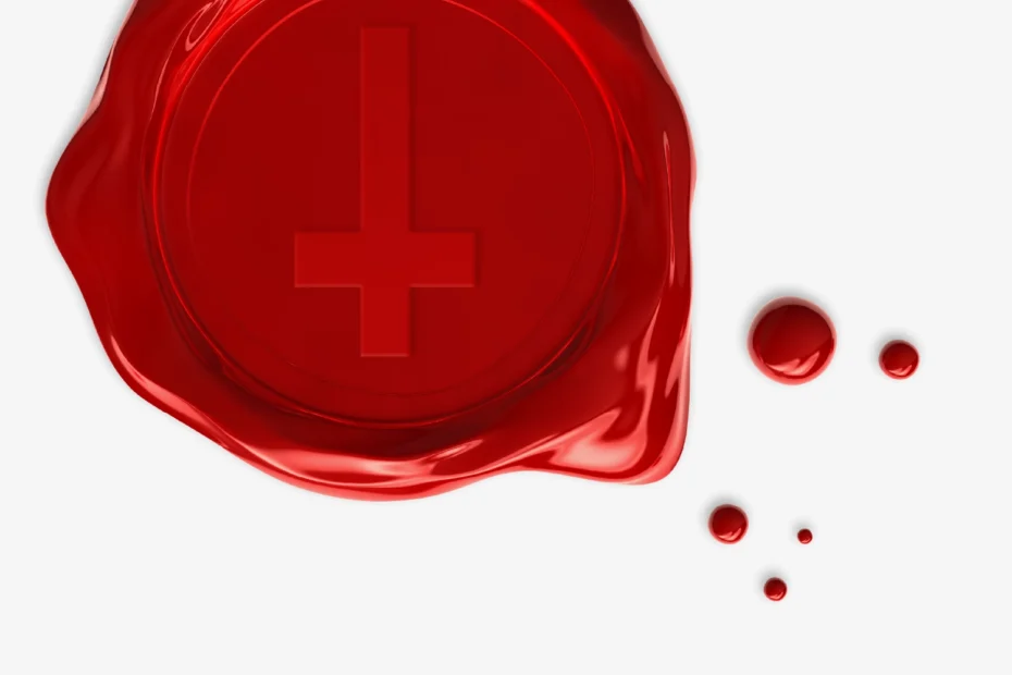 Red wax seal with an embossed inverted cross, next to several small drops of red wax, on a white background.