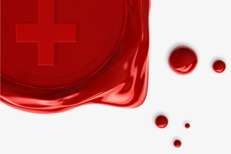 Red wax seal with an embossed upside-down cross, partially melted, alongside five small drops of wax on a white background.