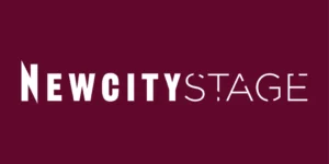 White text reads "NEWCITYSTAGE" in all caps with varying font styles, on a maroon background.