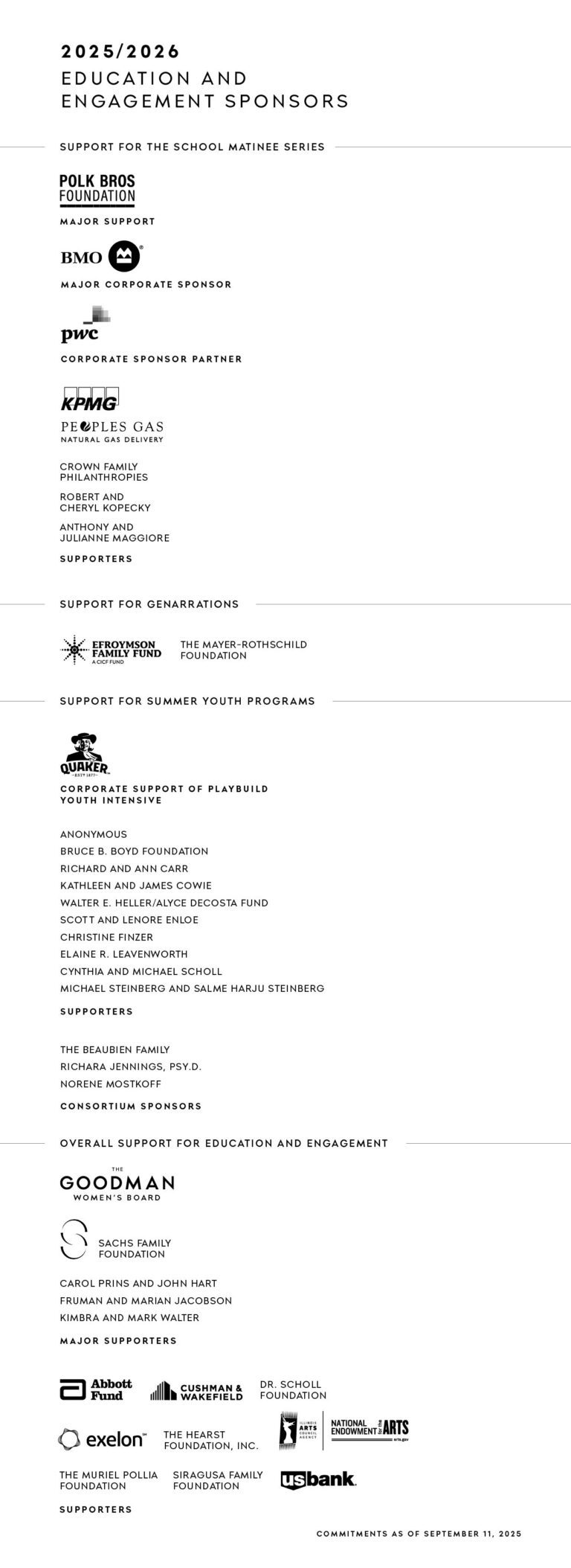 List of sponsors for Goodman Theatre's 2025/2026 Education and Engagement programs, organized by program and support level, with sponsor logos at the bottom.