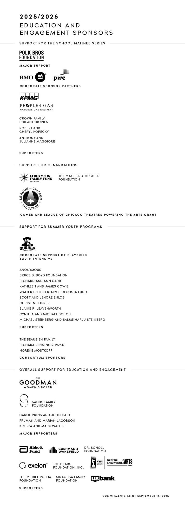 A vertical list of sponsors and supporters for the 2023/2024 Goodman Theatre Education and Engagement programs, grouped by sponsorship level, with company logos.