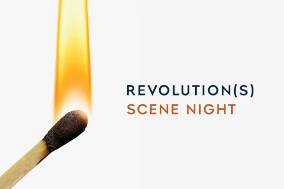 A lit matchstick next to the text "REVOLUTION(S) SCENE NIGHT" on a white background.