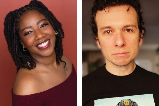 A woman with long braided hair smiles at the camera against a red background; a man with short curly hair looks at the camera with a neutral expression against a blurred background.