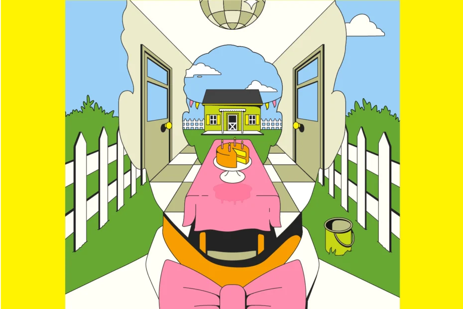 A cartoon-style outdoor birthday setup with a cake on a pink tablecloth, surrounded by fences, a yellow house in the background, and a paint can by the right side.