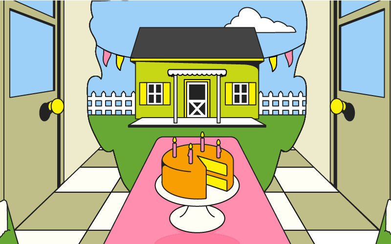 A cake with candles sits on a table by a pink carpet leading through open gates to a yellow house with bunting, surrounded by a white picket fence and greenery.