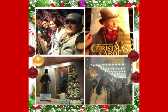 Four-photo collage: a group of people seated indoors, "A Christmas Carol" playbill, a portrait of Scrooge beside a Christmas tree, and two people outside a theater; festive border with ornaments.