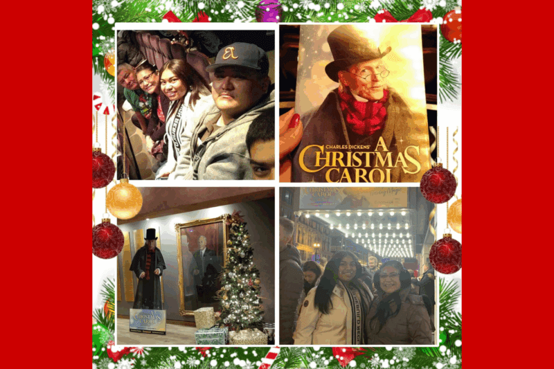 A collage of four photos shows people smiling, a "A Christmas Carol" playbill, a portrait of Scrooge by a Christmas tree, and two people standing outside a theater, framed by a festive border.