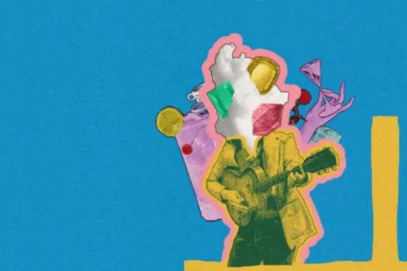 Collage of a person playing guitar with their head replaced by colorful geometric shapes, set against a blue background with floating drinks and a hand holding a cocktail.