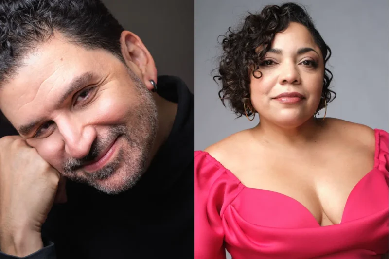 Side-by-side portraits of a man with short dark curly hair and a black top, and a woman with curly hair wearing a bright pink off-shoulder dress.