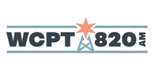 WCPT 820 AM logo with bold text, a radio tower graphic featuring an orange star, and horizontal blue lines above and below.