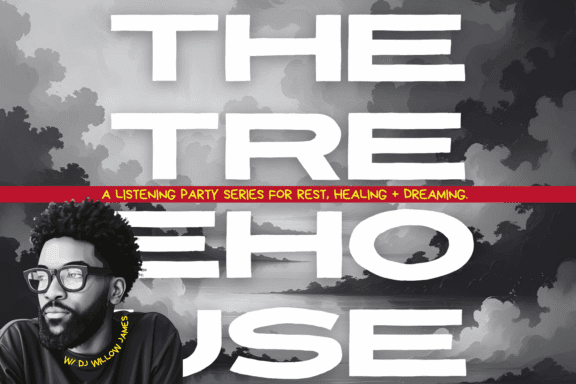 Black and white graphic poster for "The Treehouse" listening party series, featuring clouds, large text, and an illustrated man wearing glasses in the bottom left corner.