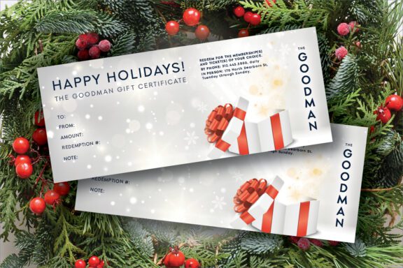 Two Goodman gift certificates with a red and white ribbon design are displayed on a festive green pine and red berry background.