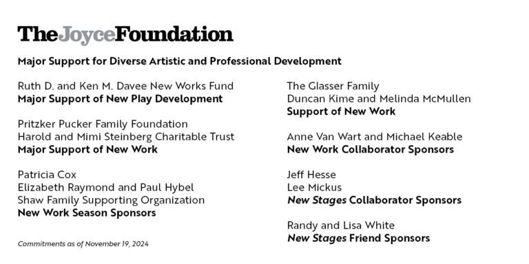 A list of sponsors for The Joyce Foundation’s artistic and professional development programs, grouped by levels of support and individual or family names.