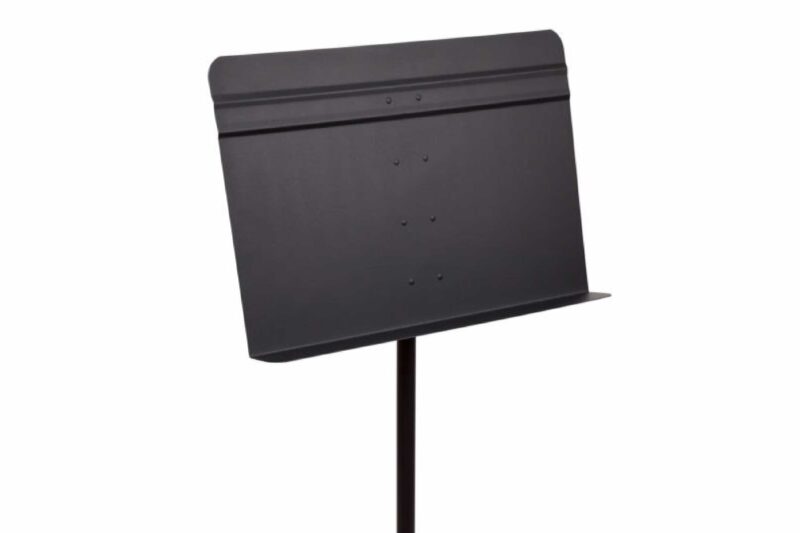 A black metal music stand with an adjustable tray for holding sheet music, shown against a white background.