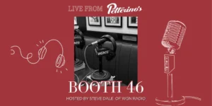 Black and white photo of microphones at a WGN radio booth, with text: "Live from Petterino's Booth 46, hosted by Steve Dale of WGN Radio," and illustrations of a mic and headphones.