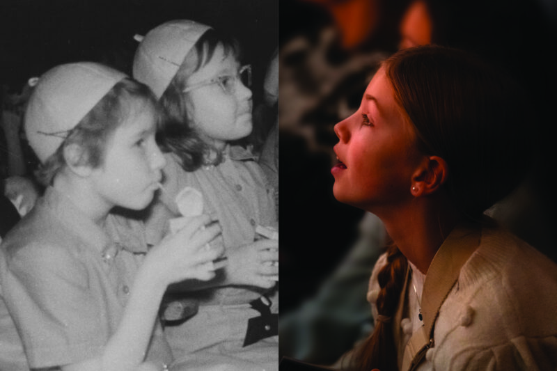 Split image: On the left, two young girls in vintage uniforms watch something intently; on the right, a modern-day girl gazes upward with interest, softly lit.