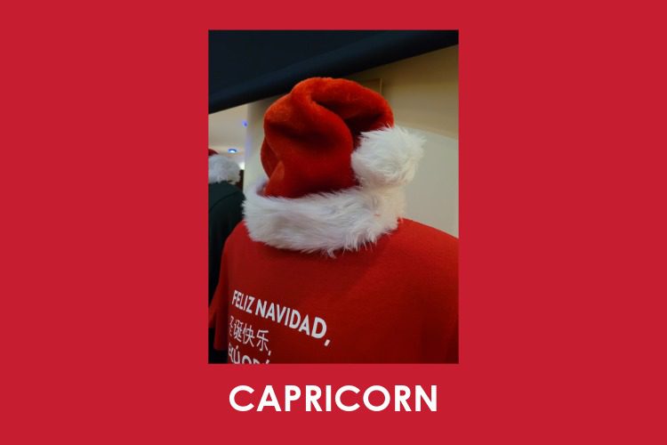 Person wearing a red Santa hat and red shirt with “Feliz Navidad” text, shown from behind, with the word "Capricorn" at the bottom on a red background.