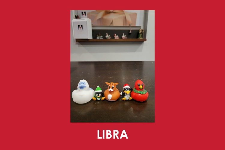 Five cartoon figurines are lined up on a dark table with shelves and small objects in the blurred background. The word "LIBRA" is written below on a red background.