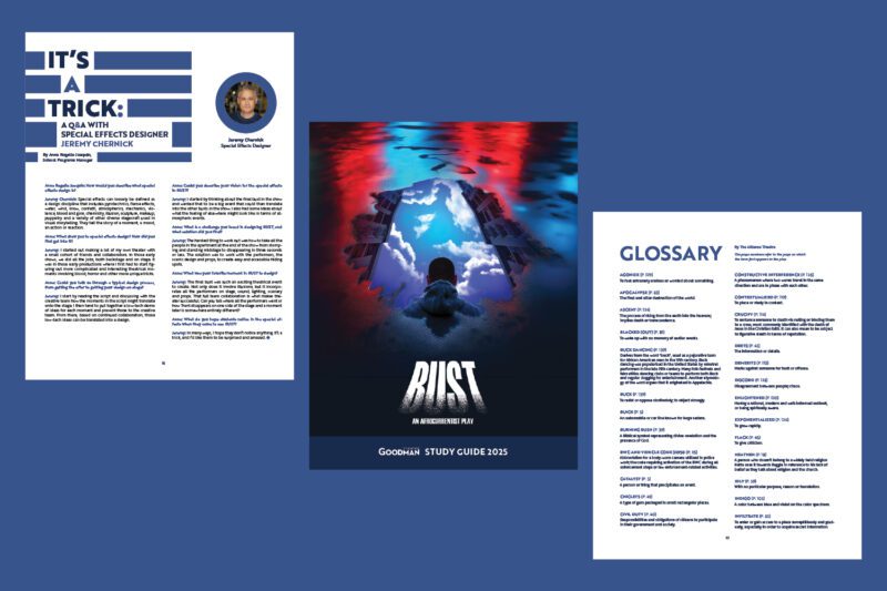 Three pages from a study guide about the play "RIOT": an article, a glossary, and the cover showing a person looking at clouds reflected in water.