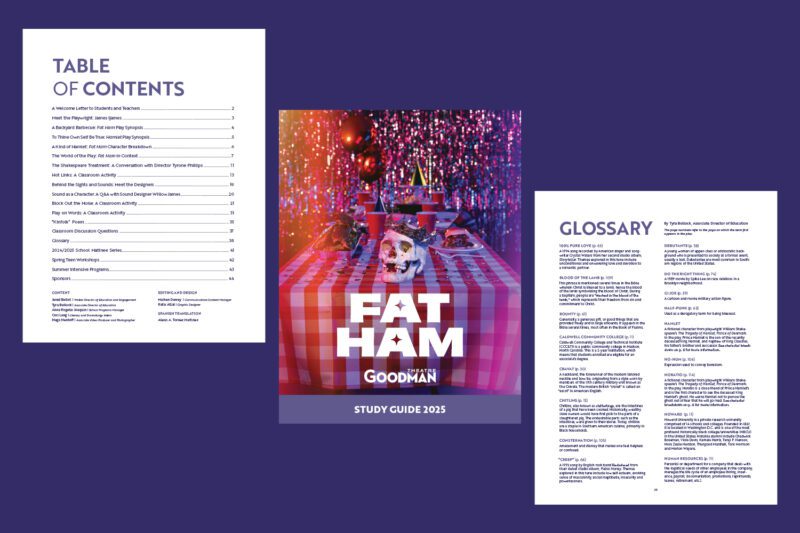Three pages from a study guide: a table of contents, a glossary, and a colorful cover page with a party table and the title “Fat Ham” in bold letters.