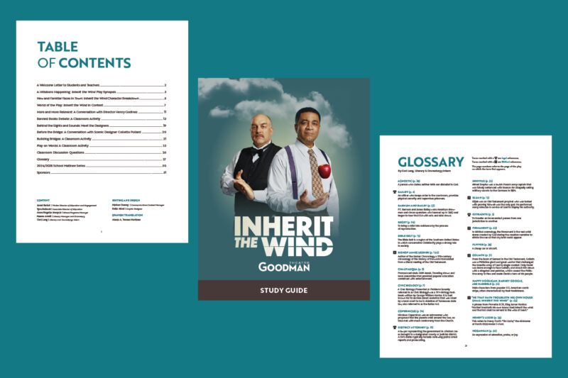 A study guide cover for "Inherit the Wind" is centered between the table of contents on the left and glossary page on the right, all on a teal background.