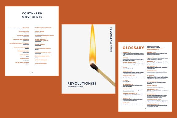Three pages from a study guide titled "REVOLUTION(S)": a youth-led movements list, a cover with a lit match, and a glossary of terms, all on an orange background.