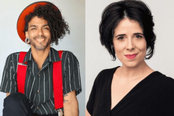 Two people are pictured side by side; the person on the left has curly hair, a red hat, and red suspenders, while the person on the right has short dark hair and is wearing a black top.