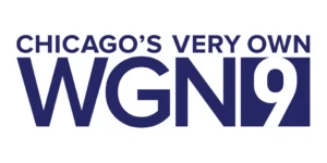 Logo with the text "Chicago's Very Own WGN 9" in bold, dark blue letters on a white background.