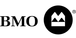 Black "BMO" text next to a black circle logo containing a stylized white and black geometric mountain and crown design, with a registered trademark symbol.