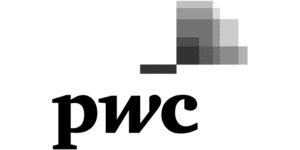 PwC logo featuring the letters "pwc" in black lowercase font with overlapping gray geometric shapes above the text.
