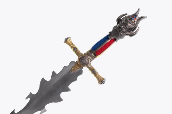 A decorative sword with a wavy blade, ornate crossguard, and a handle featuring red and blue accents and an intricate face design on the pommel.
