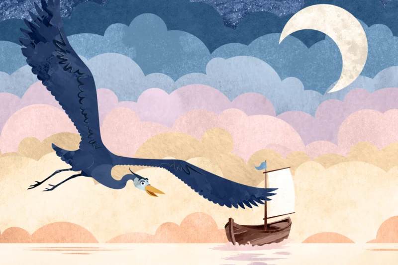 A bird flying with a boat in the sky.