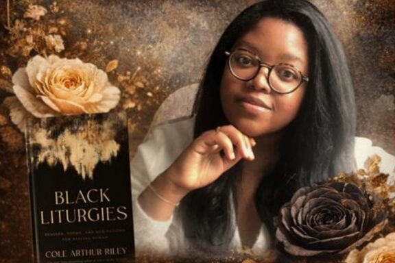 A woman with long dark hair and glasses poses beside the book "Black Liturgies" by Cole Arthur Riley, with floral decorations in the background.